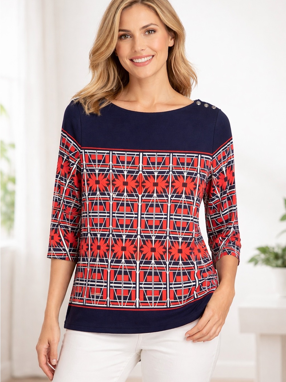 Charter Club Navy and Red Geometric Button-Shoulder Top